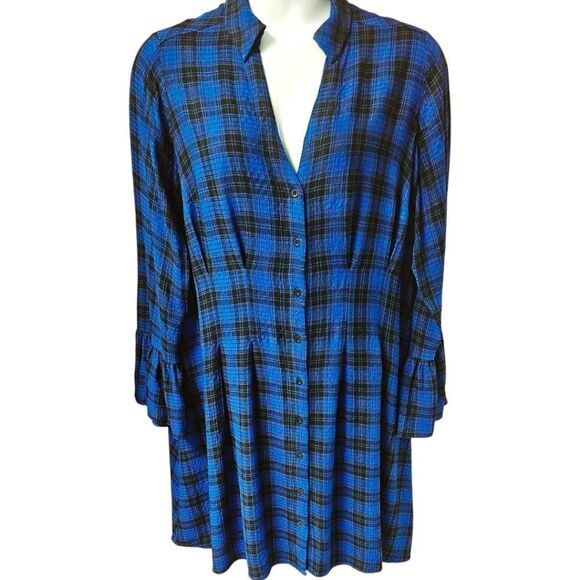 TORRID MINI GAUZE Long Bell Sleeve Royle Blue & Black Plaid Mini Dress 2X - Picture 2 of 14